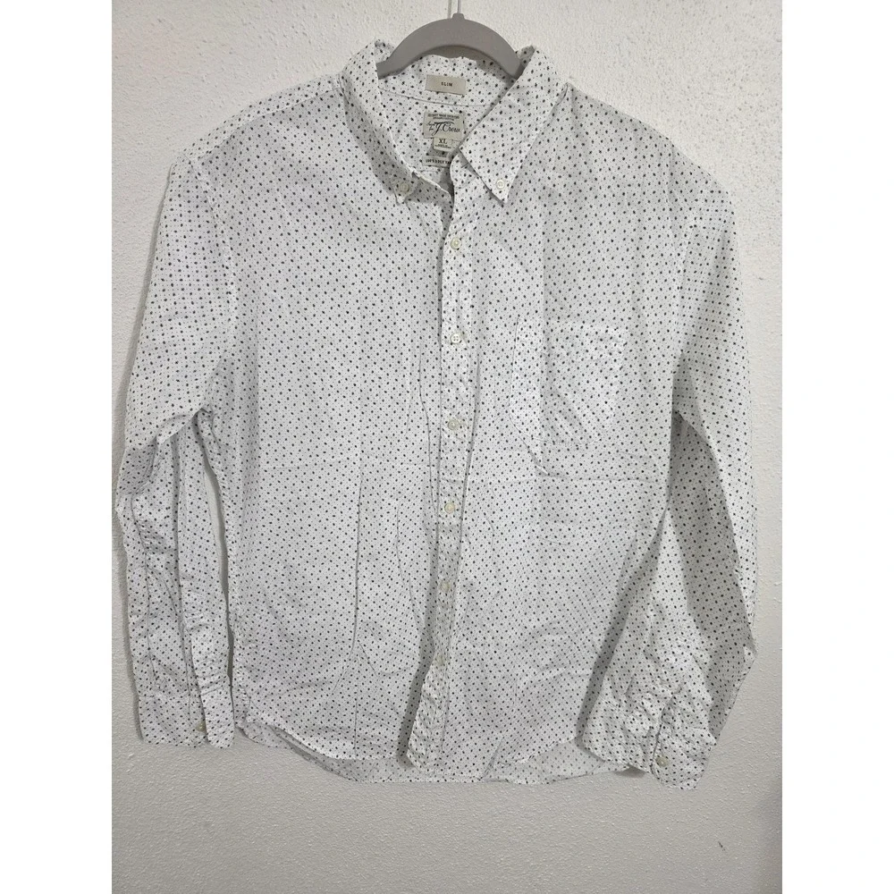 J.Crew Mens XL Slim Secret Wash Organic Cotton Geometric Button Down Shirt White